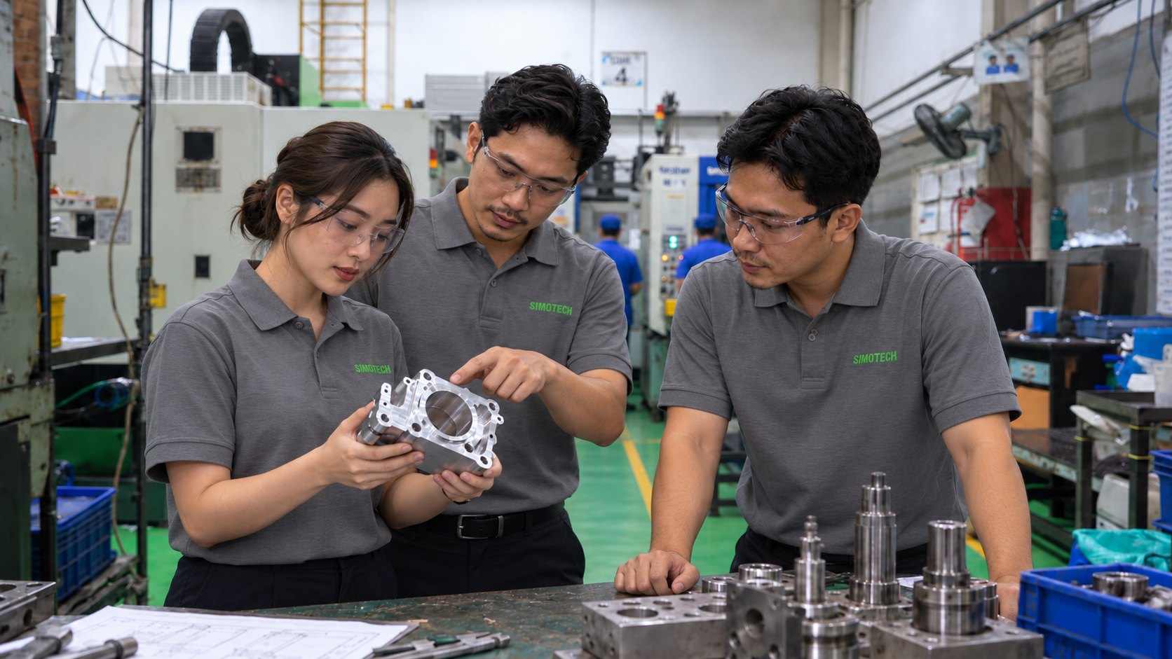Three SIMOTECH team members inspecting a machined component in the workshop