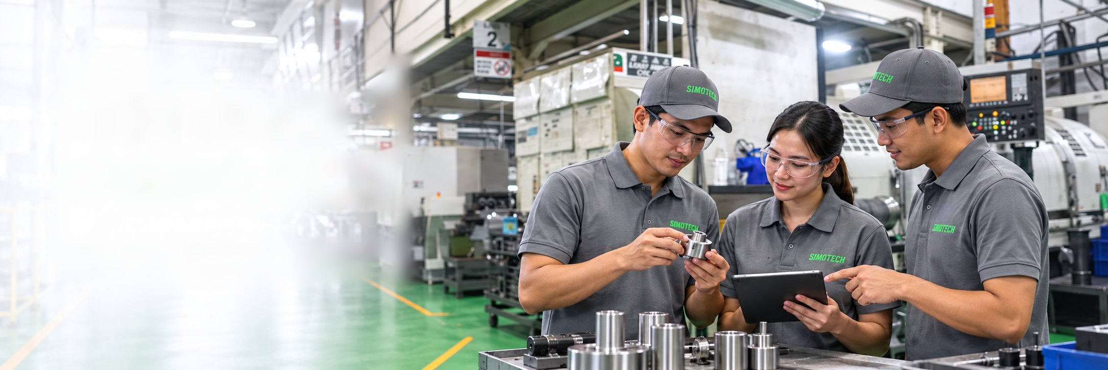 The SIMOTECH team inspecting metalworking components at an industrial facility
