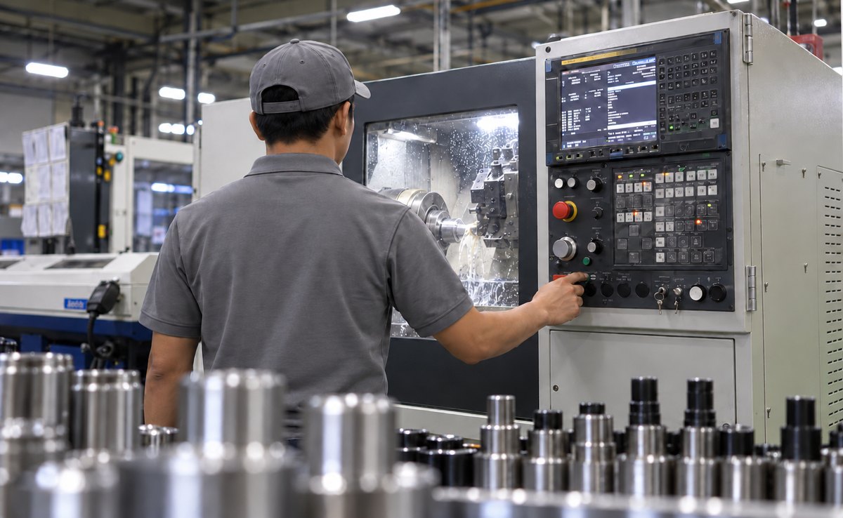SIMOTECH technician operating a CNC machine control panel